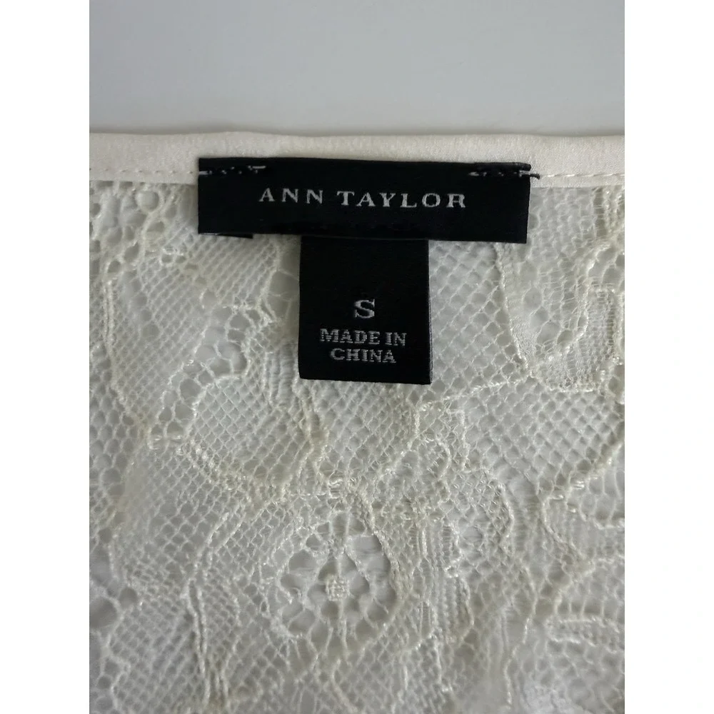 Ann Taylor Blouse Womens S Ivory Lace Sleeve V Neck Sheer Back Dressy Top